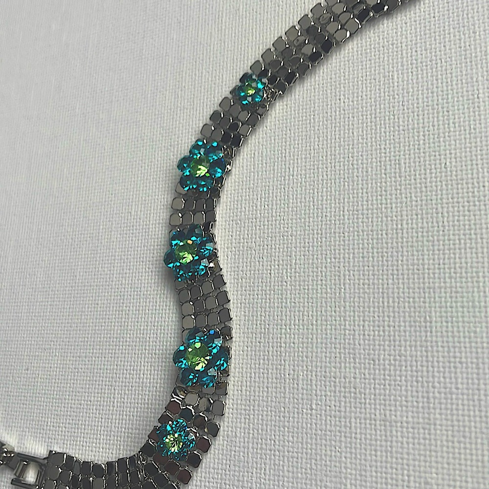 3/$30 Teal and peridot rhinestone silver mesh bracelet